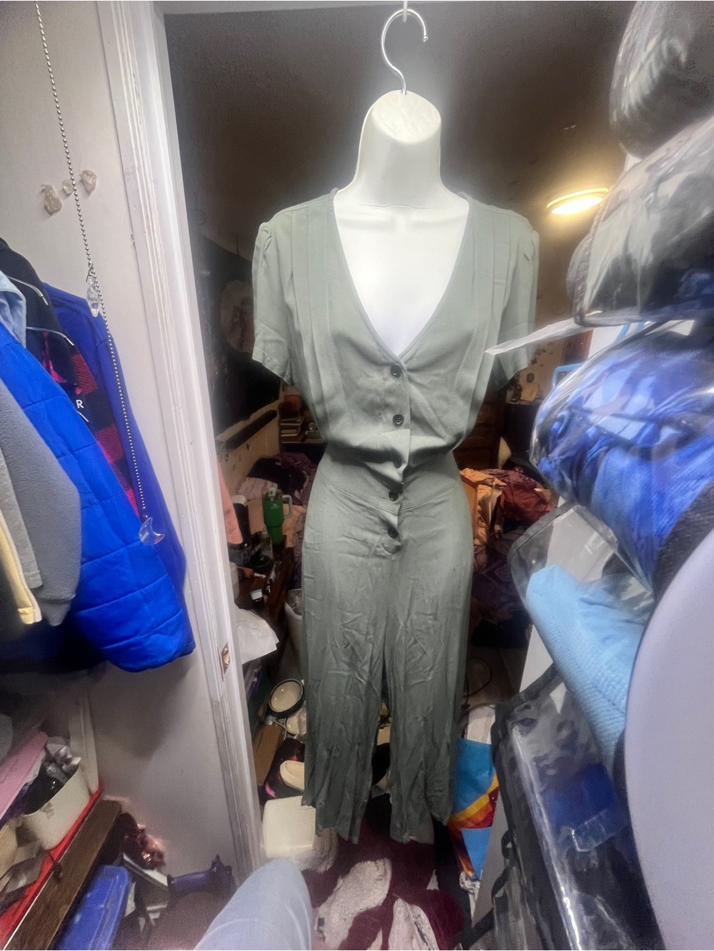 Olive Green V-Neck Button Front Jumpsuit